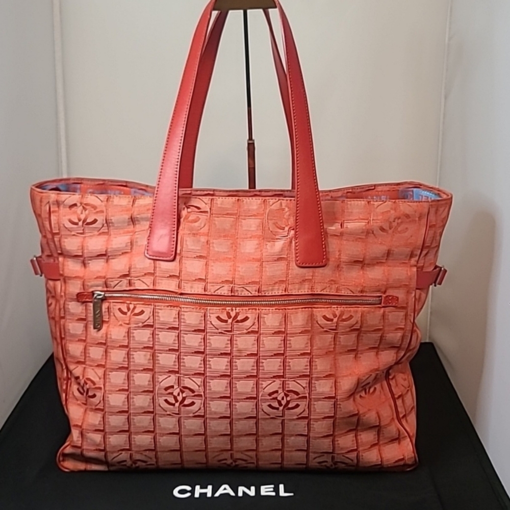 CHANEL 2002 Travel Line Nylon Canvas Tote Bag Orange/Turquoise Silver Hardware